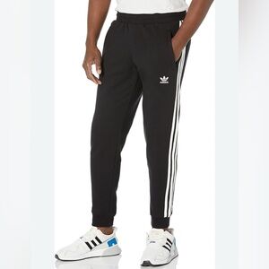 Adidas Men's Black Joggers with White Stripes